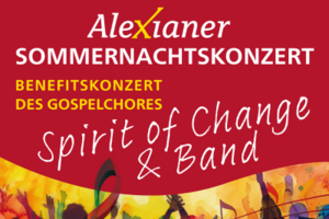 Auf rotem Untergrund sind viele Infos zum Alexianer Sommernachtskonzert in verschiedenen Schriften zu lesen. Darunter ein buntes Sängerensemble im Anschnitt