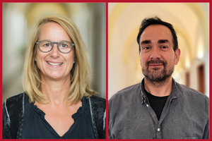 Ein Mann und eine Frau lächeln in einer Collage mit zwei Fotos in die Kamera