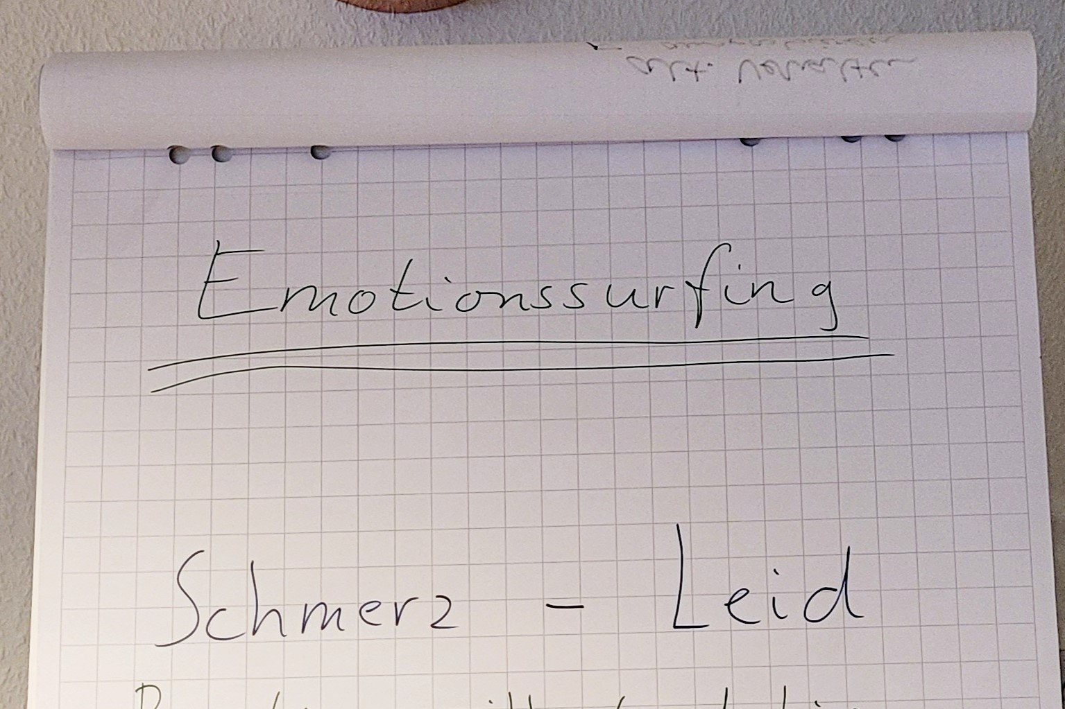 Unter einer Uhr sind Worte auf einem großen Flipchart zu lesen.